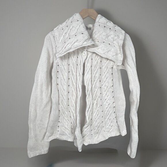 Open Cardigan Y2K Shawl Collar Sweater L Cream Chunky Knit Cottagecore Coastal - Picture 1 of 4